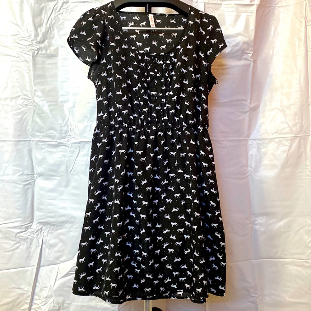 Xhileration XL womens black dress with white horse pattern